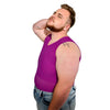 Model shows off the side view of a purple tank binder, one hand casually behind the neck.